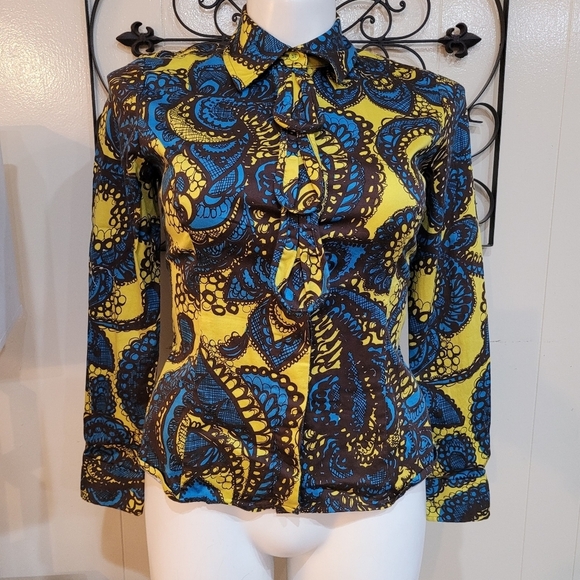 Etcetera Tops - Etcetera Modern Long Sleeve Vibrant Brown & Teal Paisley Blouse Sz 10 Ruffle Top